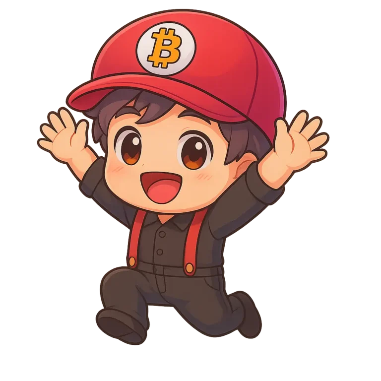 Mascotte chibi BoByMining sautant avec une casquette Bitcoin, symbole de la communauté crypto et du minage GPU