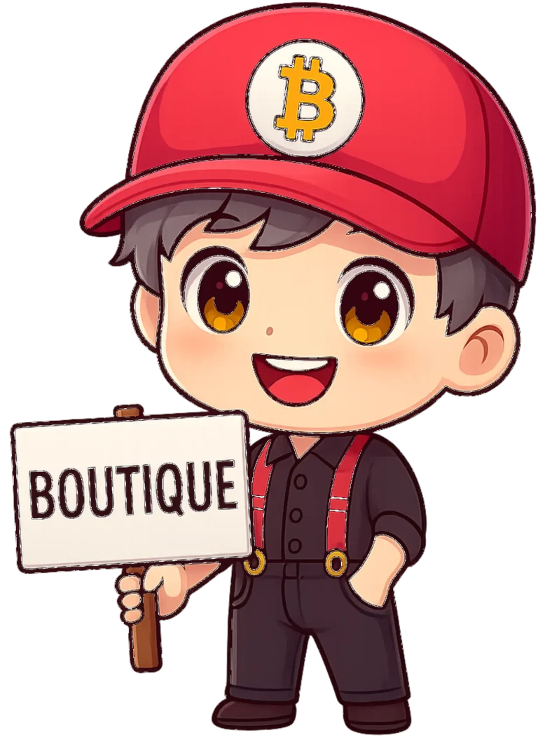 Mascotte chibi BoByMining tenant un panneau Boutique, représentant la boutique crypto et mining GPU